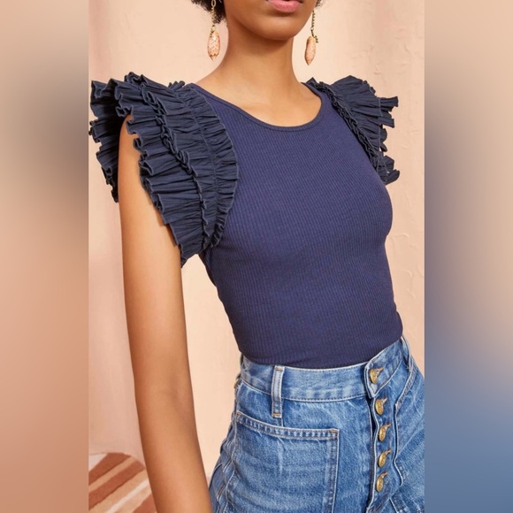 Ulla Johnson Tops - Ulla Johnson Lilo Top In Midnight Ultra Fine Ribbed Knit Layered Ruffle Sleeves